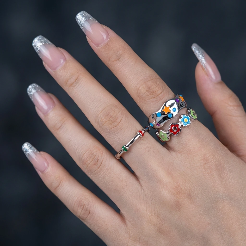 Vintage Y2K Buntes Emaille-Ringset für Frauen Ästhetische Blumen-Stern Offene Ringe E-Girl Dopamin Mode-Schmuck Accessoires Geschenk