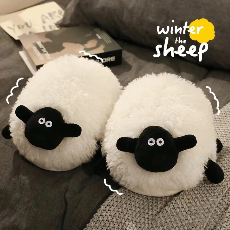 Cartoon lamb sheep slippers cute Shawn fluffy comfortable soft slippers cute warm indoor shoes for couples.