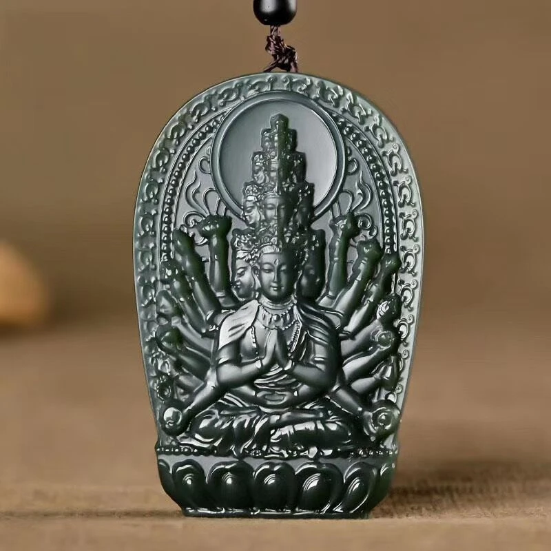 Natural Jade Thousand-Hand Guanyin Guardian Pendant Hetian Xinjiang China Traditional Buddhist Artwork Collectible