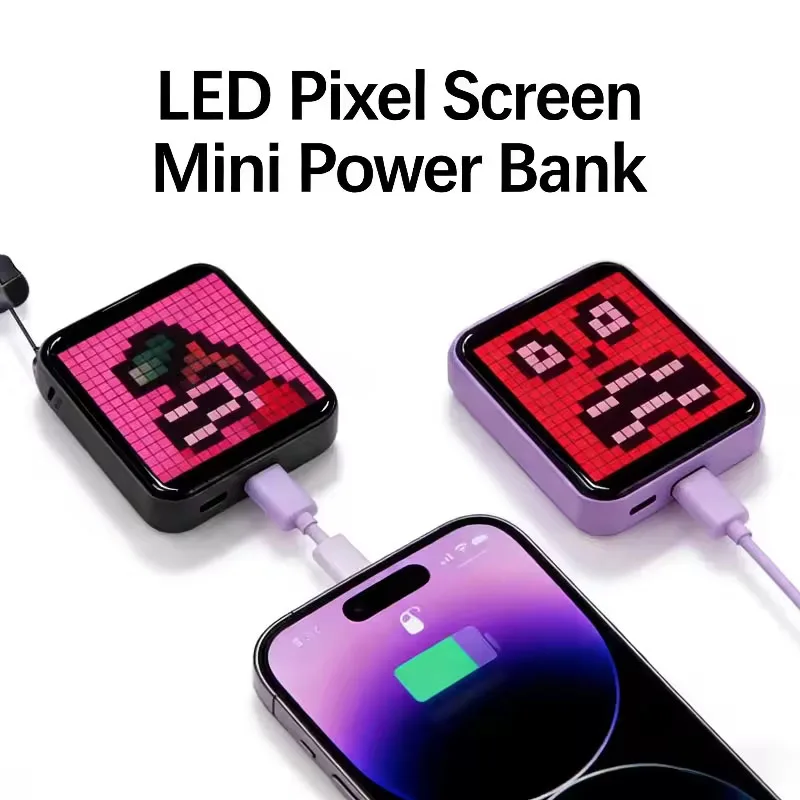 With LED Pixel Display Screen Portable 5000mah Power Bank Night Light DIY App Control USB Type-C Cable for Creative Gifts