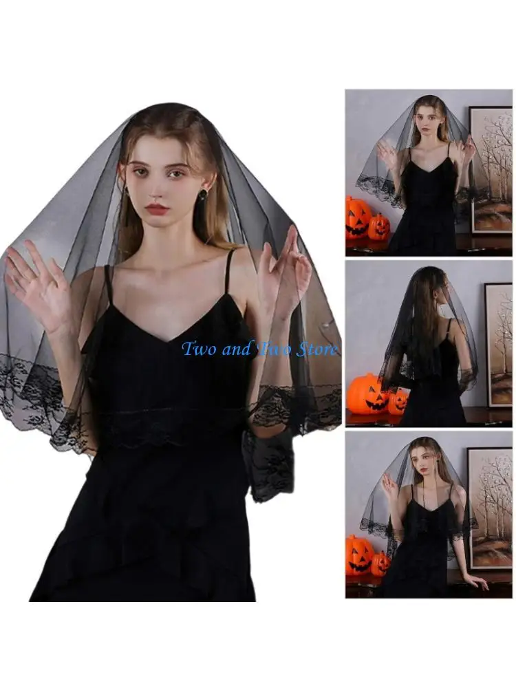 HX6F Gothic Black Wedding Veils with Seethrough Tulle Punk Headpiece for Halloweens