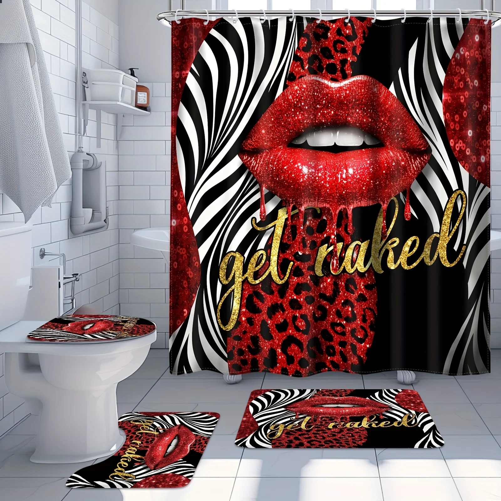 

4 шт., 2D плоские красные губы, леопардовая зебра, набор занавесок для душа с нескользящими ковриками и крышкой для унитаза, блестящий романтический модный декор для ванной комнаты