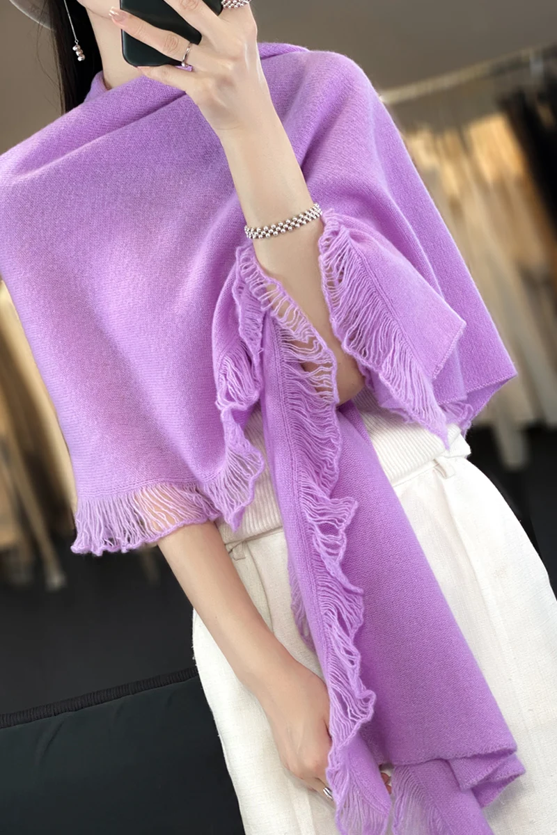 2024 New Trend 100% Wool Shawl Women Tassels Perfect Accessories Wrap Casual Scarf Warm Knit Cappa Soft Fashion Mantles