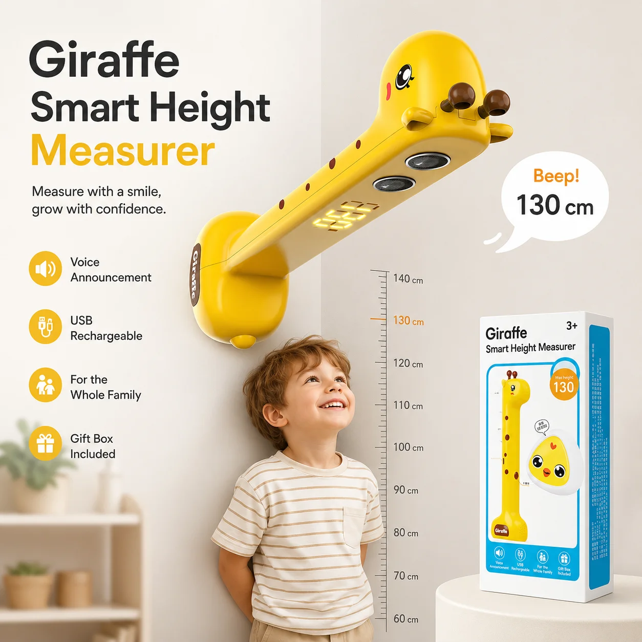 Giraffe Kids Height Measuring Device, Smart Digital Height Meter with Voice Measurement USB Rechargeable Ruler For Family