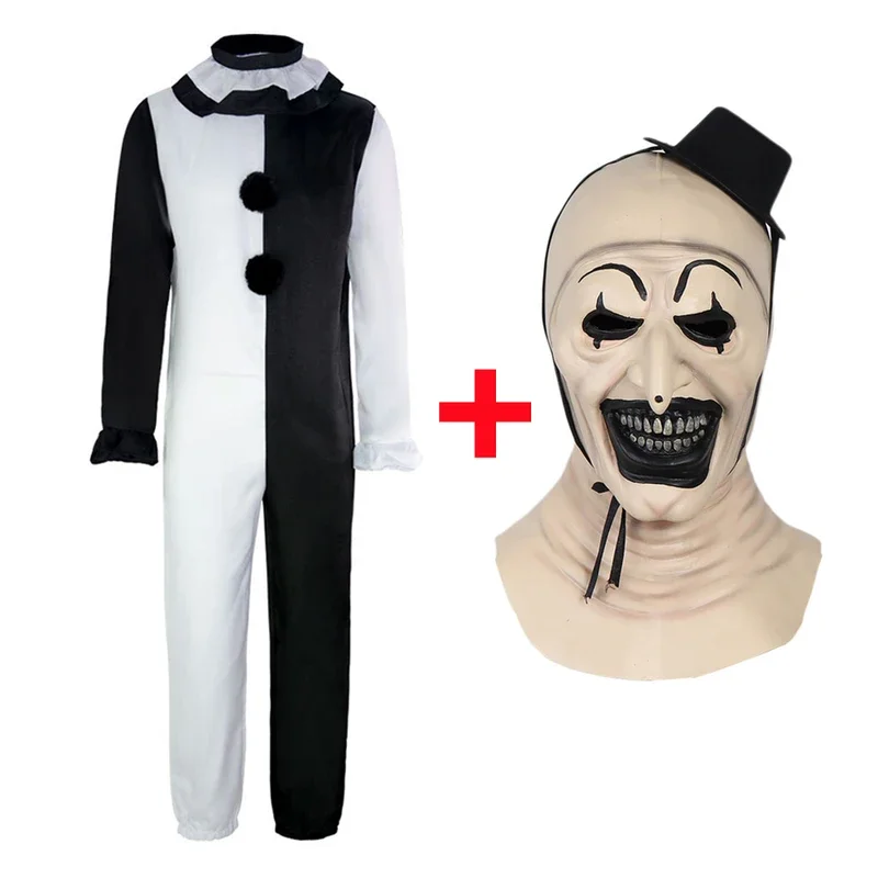 Terrifier Art The Clown Costume Mask Suit Cosplay Horror Evil Joker Hat maschere in lattice tuta Halloween Carnival Party puntelli