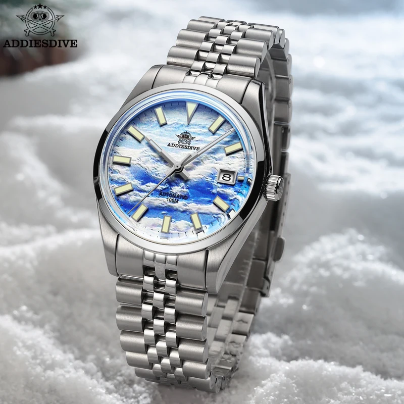 

ADDIESDIVE Men Watch Calendar 3D Sea Of Clouds Dial Jubilee Strap Bubble Mirror Glass Luminous 100m Automatic Mechanical Watch