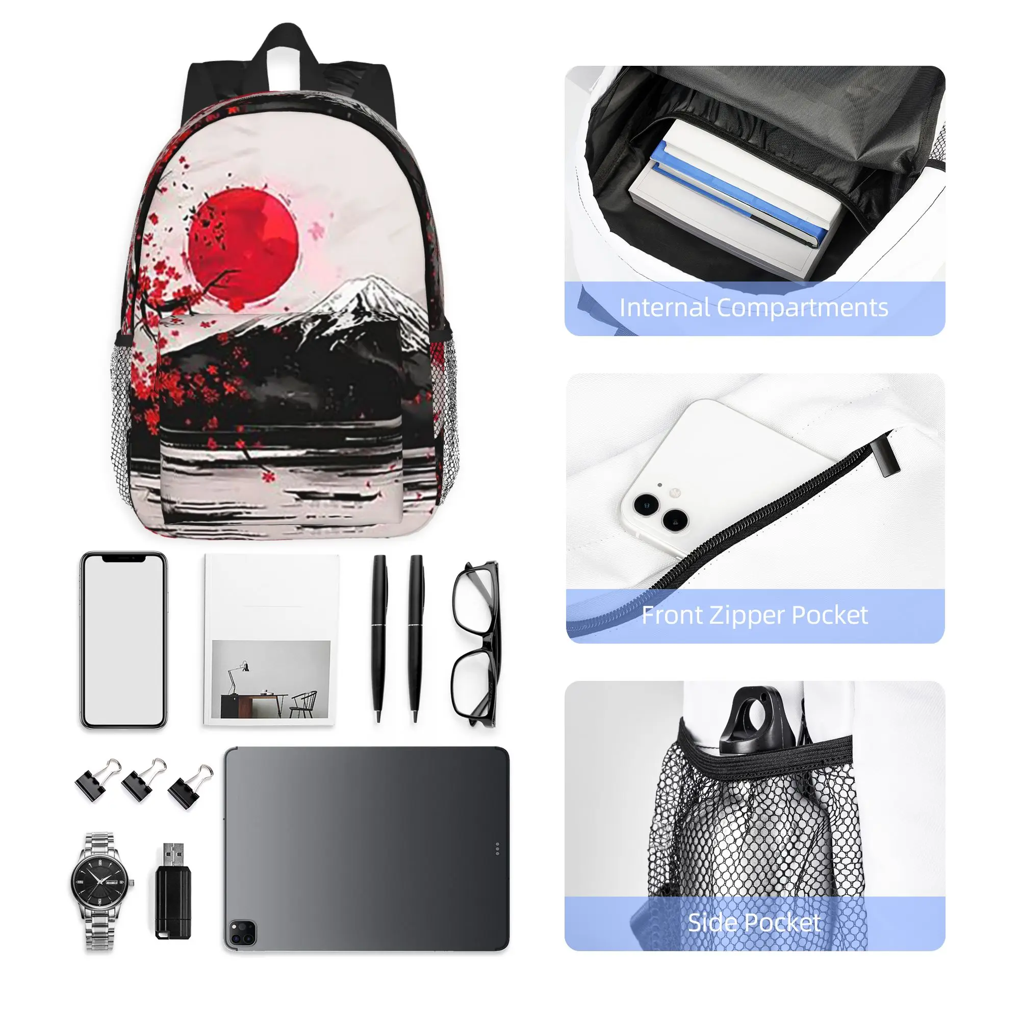 Japan Sakura Cherry Blossoms With A Red Rising Sun Backpack Hot Sale Daypack BookBag Shoulder Bags for Men Women School Bag