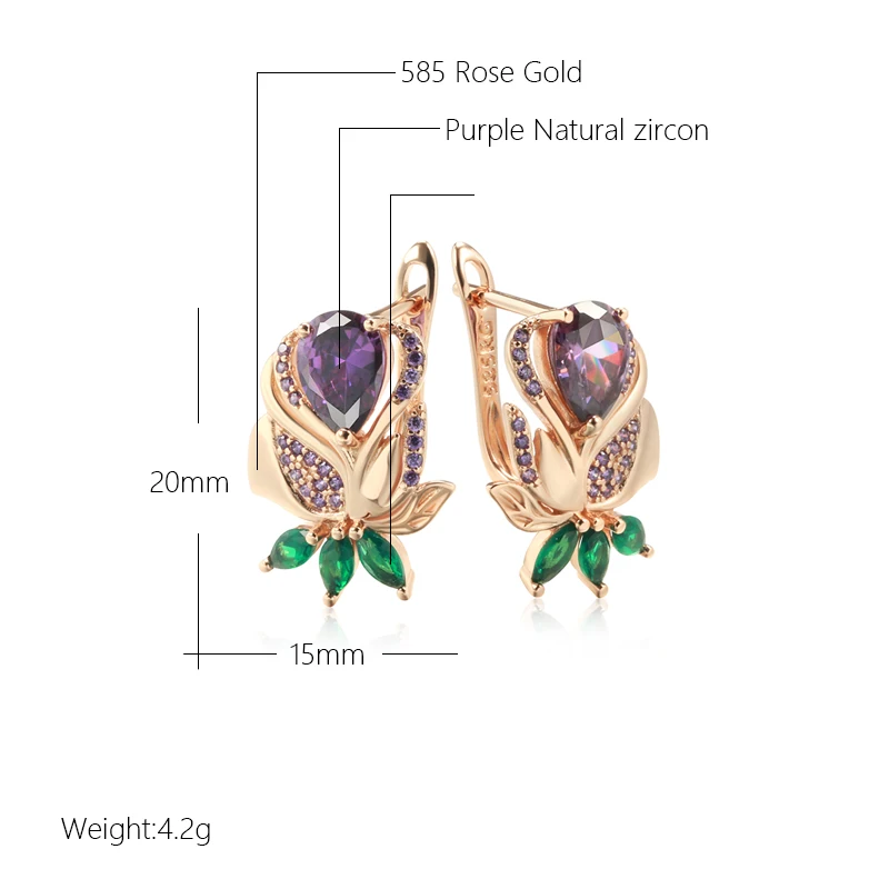 Kienl Vintage Purple Natural Zircon Flower Drop Earring High Quality Fine Daily Jewelry Women 585 Rose Gold Color Big Earring