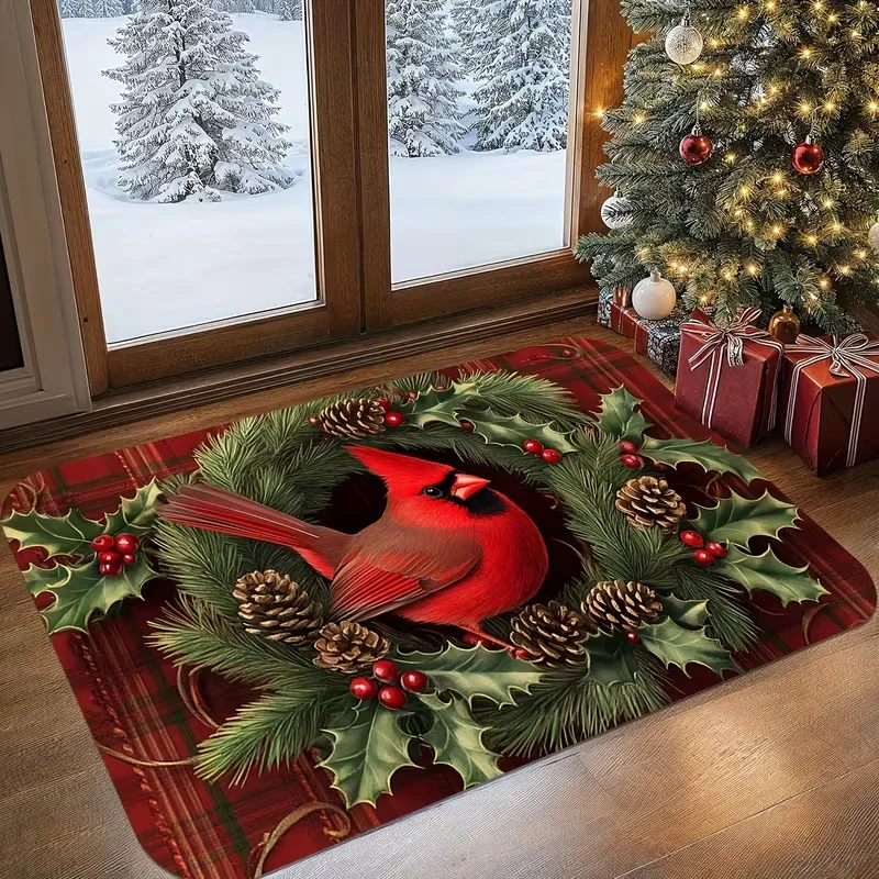 Product Welcome Door Mat with Christmas Black and Red Checkered Cardinal and Holly Berry Garland Design Carpets