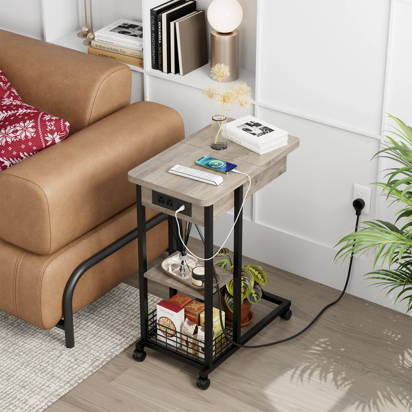 

C Shaped End Table with USB Charging Station Flip Top Sofa Side Table for Living Room & Bedroom with 3 Tier Storage Shelf