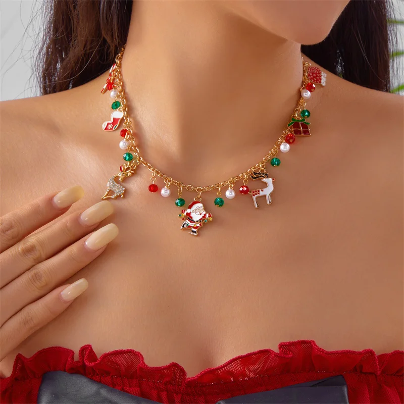 Mode Weihnachten Metall Kette Halskette Für Frauen Kristall Zirkon Elch Santa Claus Schneemann Glocke Weihnachten Baum Anhänger Halsband Schmuck