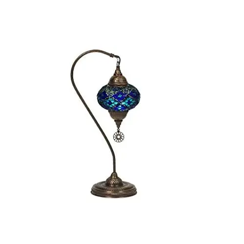 LaModaHome English Moroccan Handmade Mosaic Glass Curvy Swan Neck Table Lamp Light with Decorative Dark Polished Copper Fixture