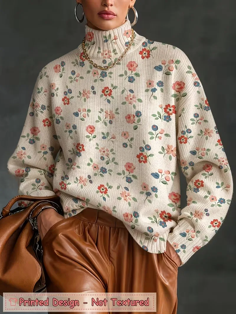 2026 New Women'S 3D Printed Long Sleeve High-Neck Tops Street Fashion Loose Casual Style Autumn Winter Pullovers Non Sweater Top
