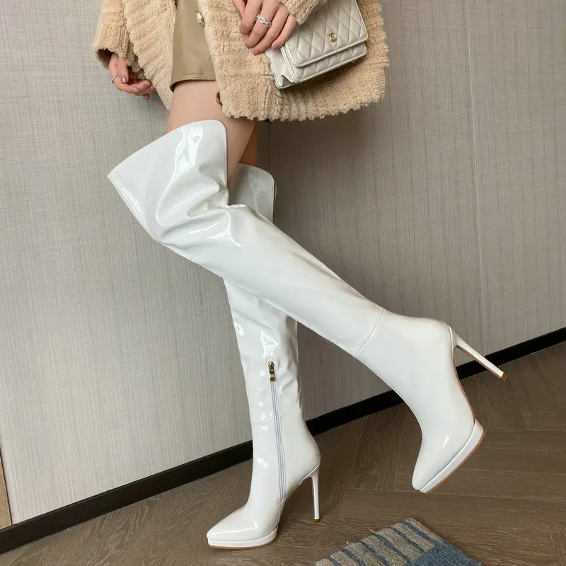 Patent Leather 2022 New Pointy-toe Sexy Stripper Heels Overknees Wide Open Thigh Calves Stilettos Over-the-knee Women Boots