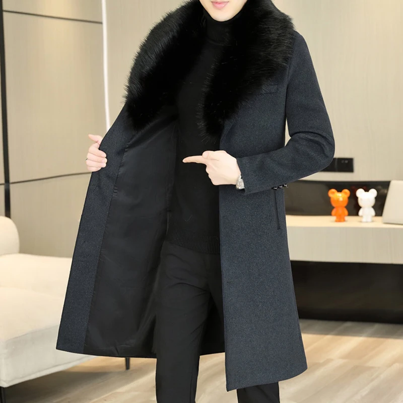 Classic 2024 Winter Men's Solid Woolen Coats Outwear Casual Fur Collar Detachable Long Wool Windbreaker Jackets Thick Top Trench