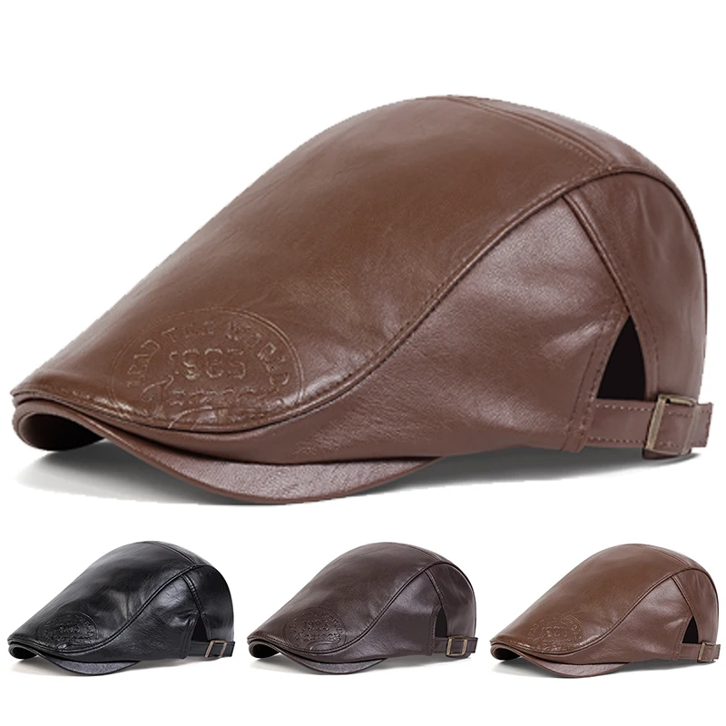 Herren Retro 1985 PU-Leder Newsboy Caps Britische Malerhüte Frühling Herbst Seitlich Verstellbare Flache Mütze Hip-Hop-Baskenmützen