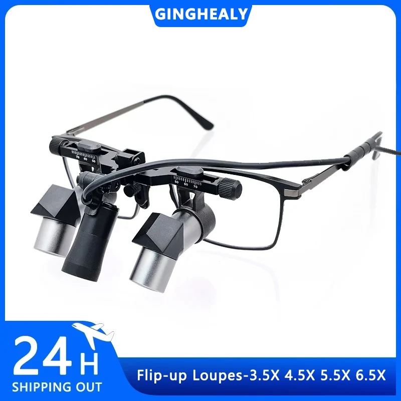 Ginghealy ERGO 3.5X4.5X5.5X6.5X Flip-Up Loupes Ergo Adjustable IPD Titanium Frame Metal Lens Magnifier with LED Light No Battery