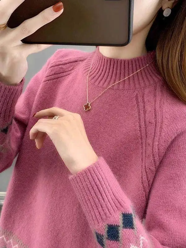 Autumn Winter Thickened Knitted Sweater Women's Retro Half High Collar Loose Fit Inner And Outer Fashionable Trendy Base Shirt