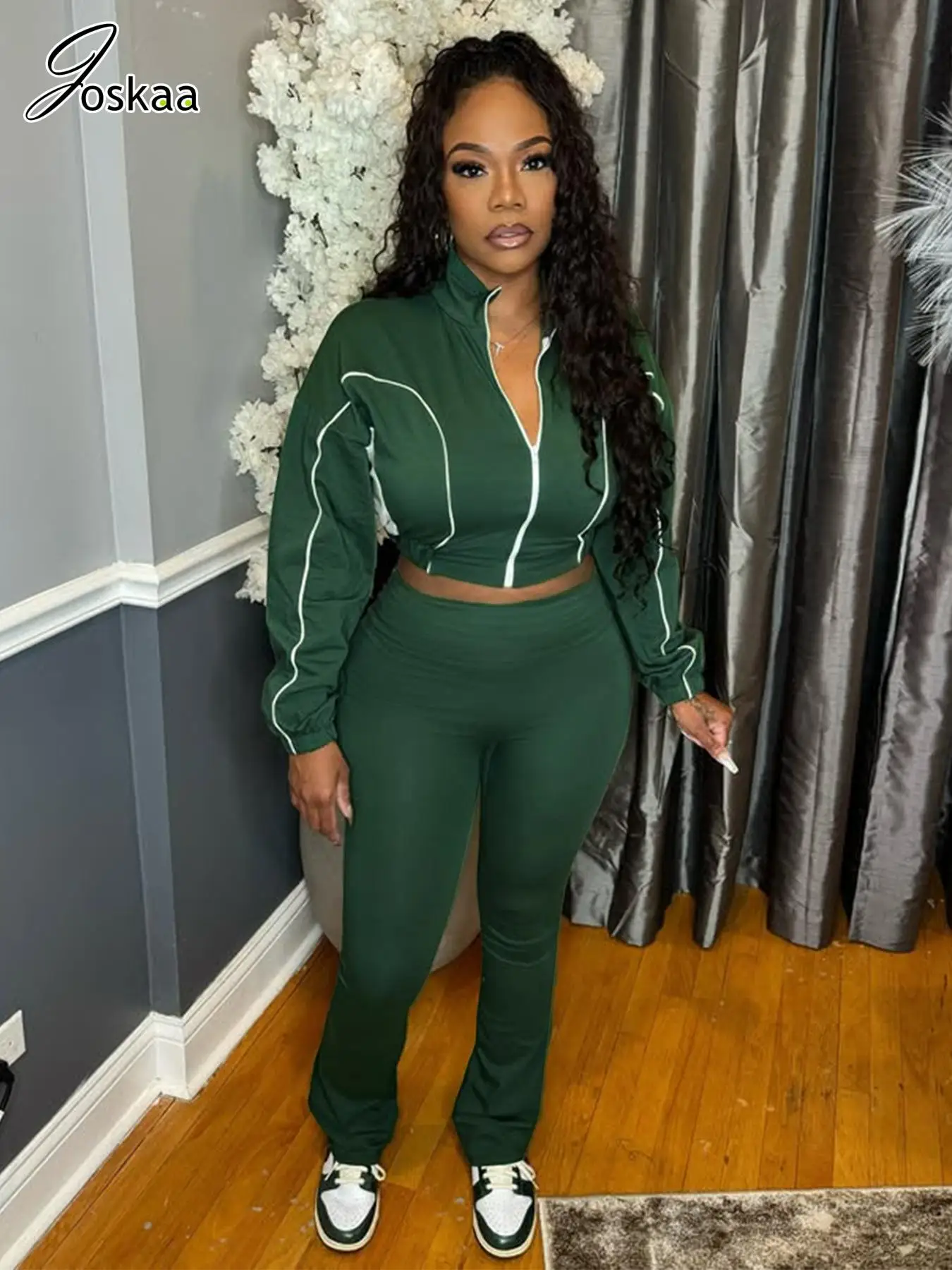 

Joskaa Casual Sporty 2 Piece Set Women Patchwork Full Sleeve Zip Sweatshirt Jacket and Flared Pants Suit 2025 Fitness Tracksuits