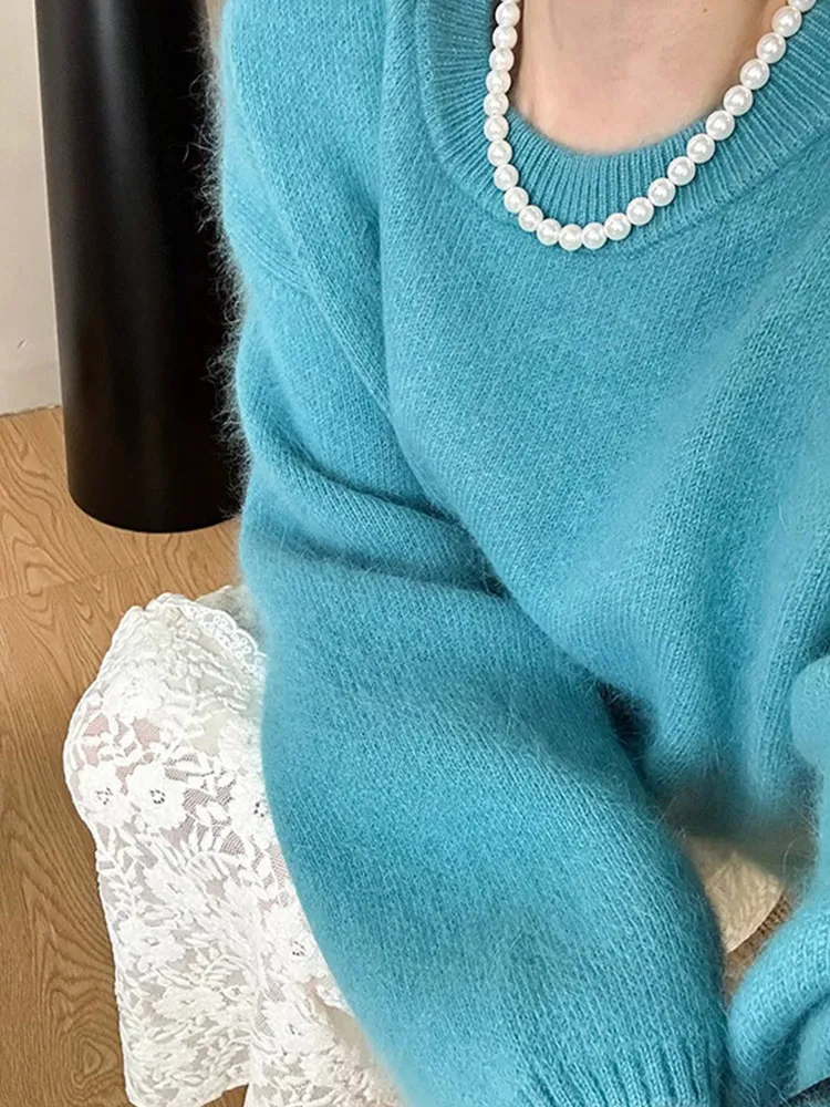 Sweter damski dzianinowy, luźny, długi, okrągły dekolt, casualowy, wygodny, jednolity kolor, europejski styl.