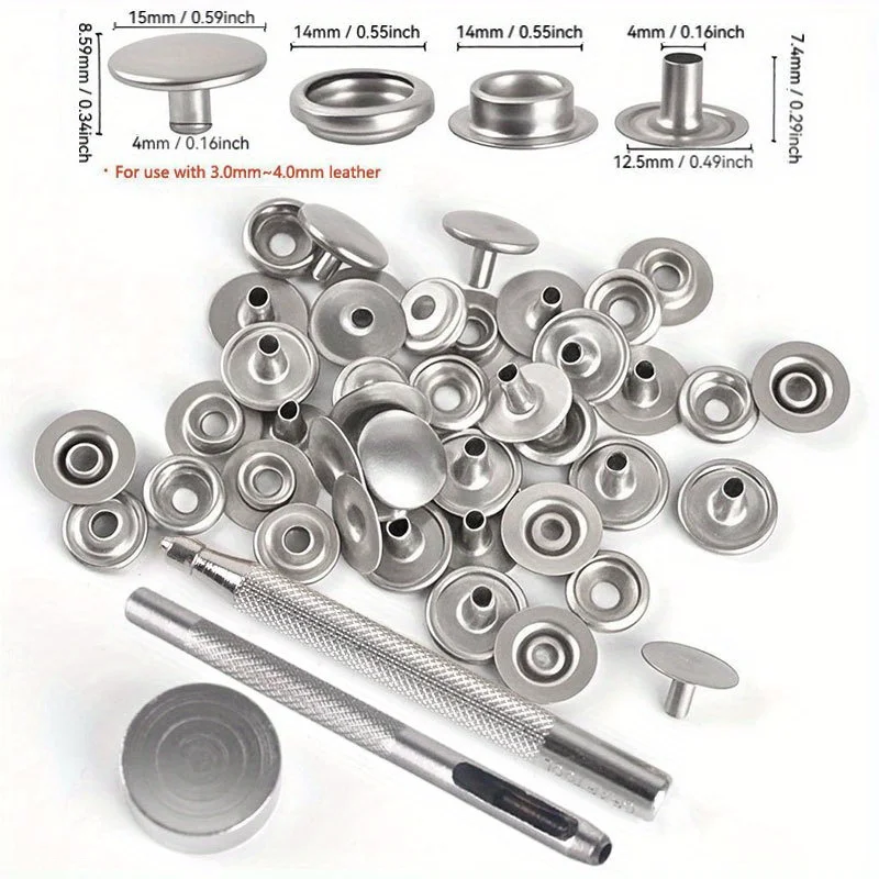 50 Sets of Four-In-One Solid Brass Snap Button Sewing Kits with Tools, 15mm (0.59inch) Snap Buttons, Suitable for DIY Crafts, Such as Boat Covers, Sewing Leather, Canvas, Jeans, Jackets, Bags, Clothes, Etc