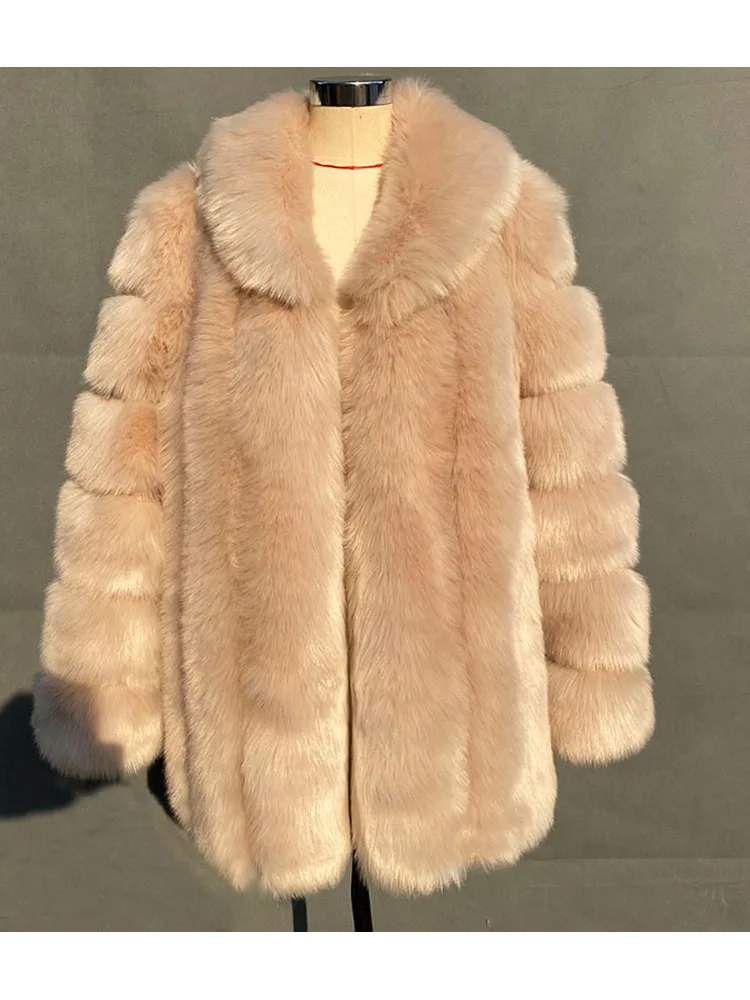 Zadorin casaco feminino pelo sintético, elegante, com gola virada para baixo, pele de raposa, longo, espesso, quente, fofo, inverno, manteau femme