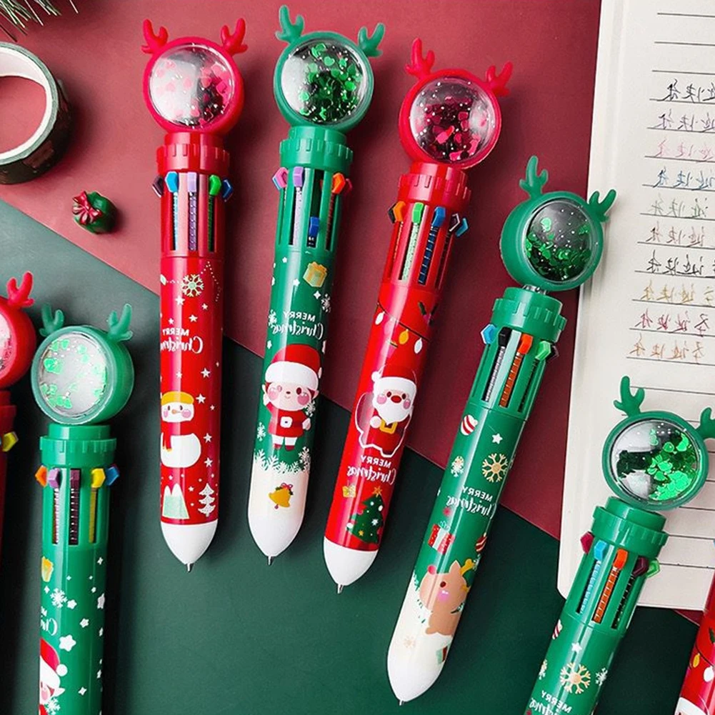 10 In 1 Color Ballpoint Pen With Christmas Cartoon Simple Design Stationery Pen For Women Gril