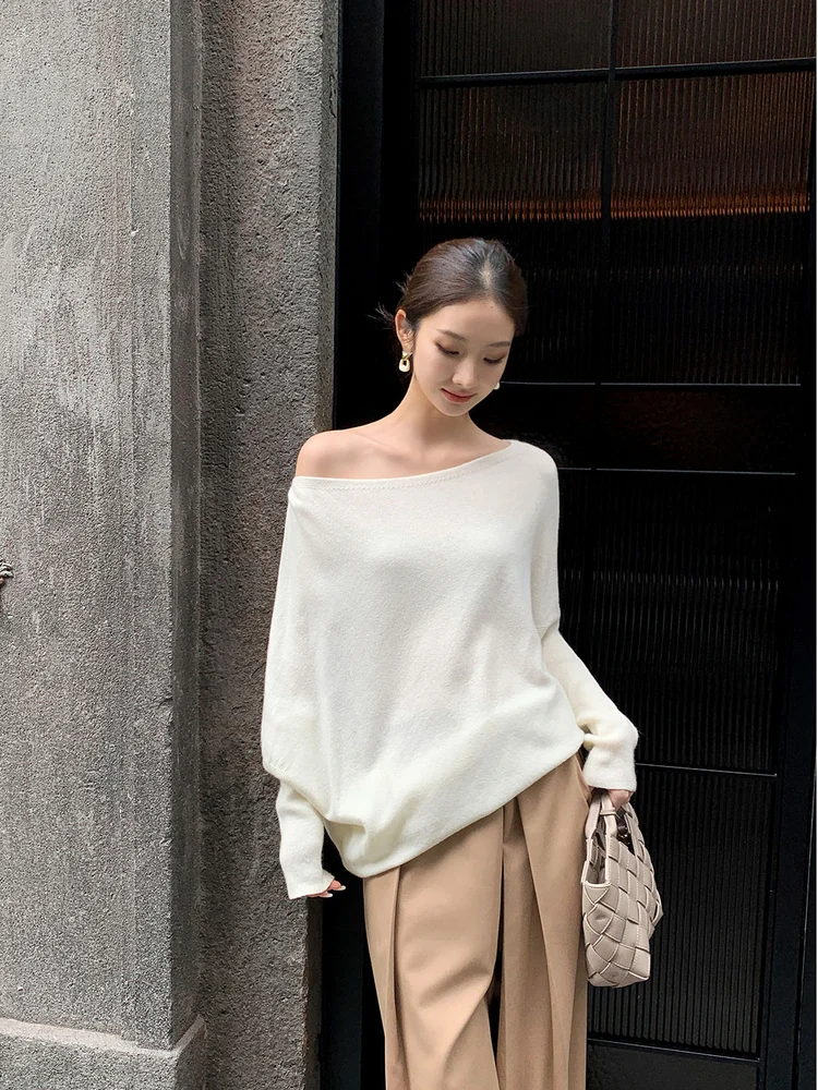 

Женская вязаная шерстяная футболка WTT с асимметричным кроем, в стиле пэчворк, на одно плечо, свободного кроя, однотонная, для повседневной носки