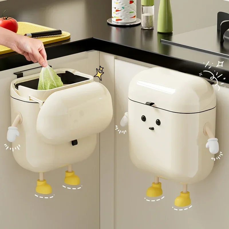 Cream-Colored Wall-mounted Kitchen Trash Can with Lid for Food Waste Bathroom No Bending High Appearance Level Practical Tools