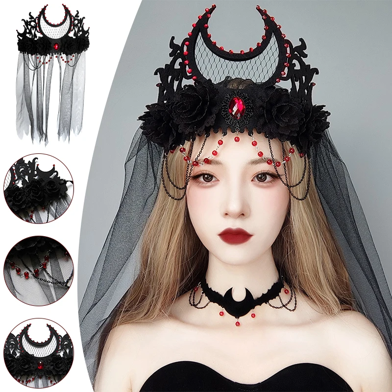 Black Queen Crown Bride Veil Wedding Lace Flower Hair Accessories Mesh Veil Face Cover for Women Party Accessory Headband