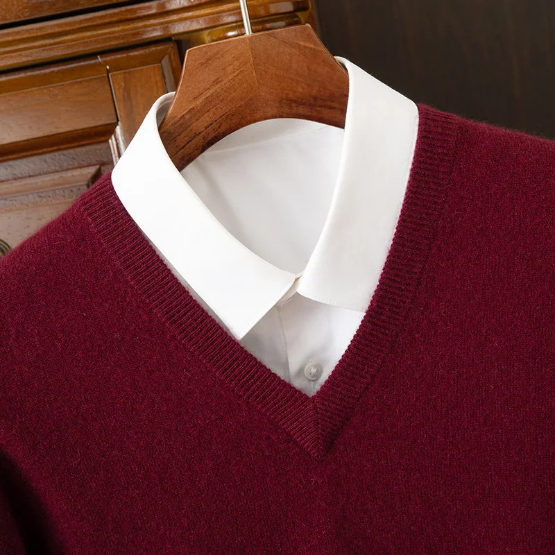 100% Cashmere Men's Pullover Casual Solid Color Knitted Sweater Loose Pull V-Neck Tops Basic Versatile Jumper view 5