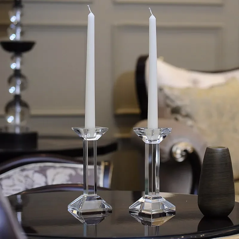 Modern European Clear Crystal Candle Stick Pair Small Middle Large For Home Tabletop Wedding Party Decoration Square Standing