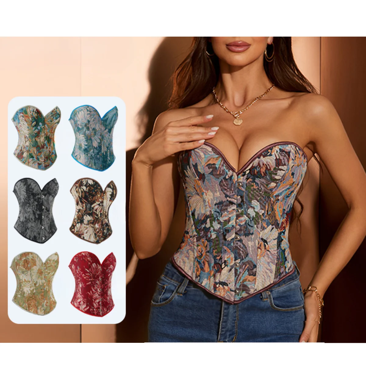 

Floral Monet Oil Paint Corset Boned Corselet Lace Up Waist Bustiers Shapewear Tank Top Sexy Overbust Tops Vintage Korset Costume