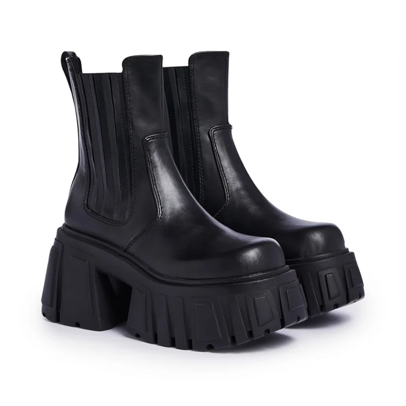 Super wysoki gruby obcas platforma Chelsea damskie jesienne małe windy kostki cienkie fajki buty z prawdziwej skóry