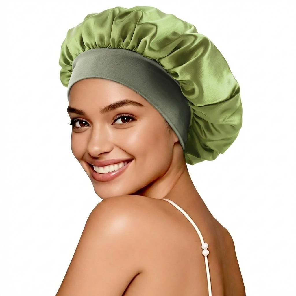 Neue Damen-Schlafmütze aus Satin in Uni-Farbe, atmungsaktiv und weich, Schlaf-Turban-Mütze für lockiges Haar. – Detail 6