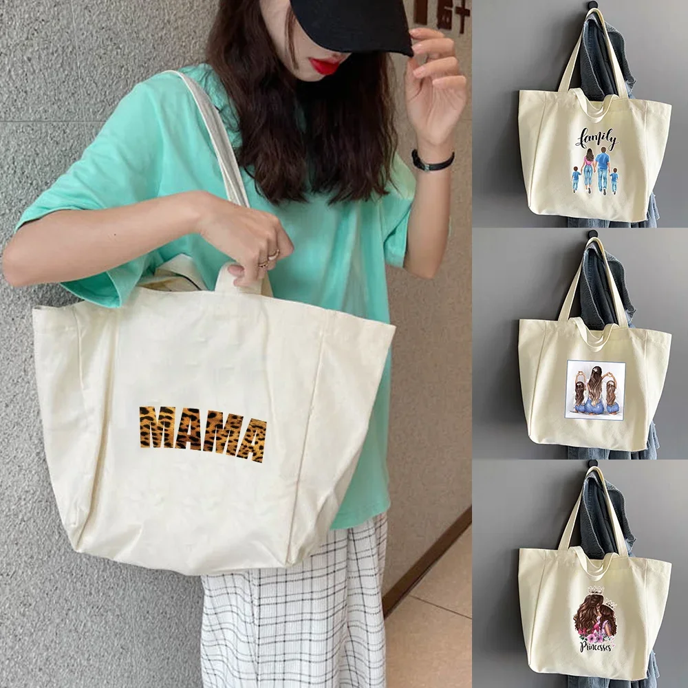 Foldable Canvas Outdoor Storage Shoulder Bag Portable Women High Capacity Hand-held Organizer Bag Multifunctional Tote Mom Print