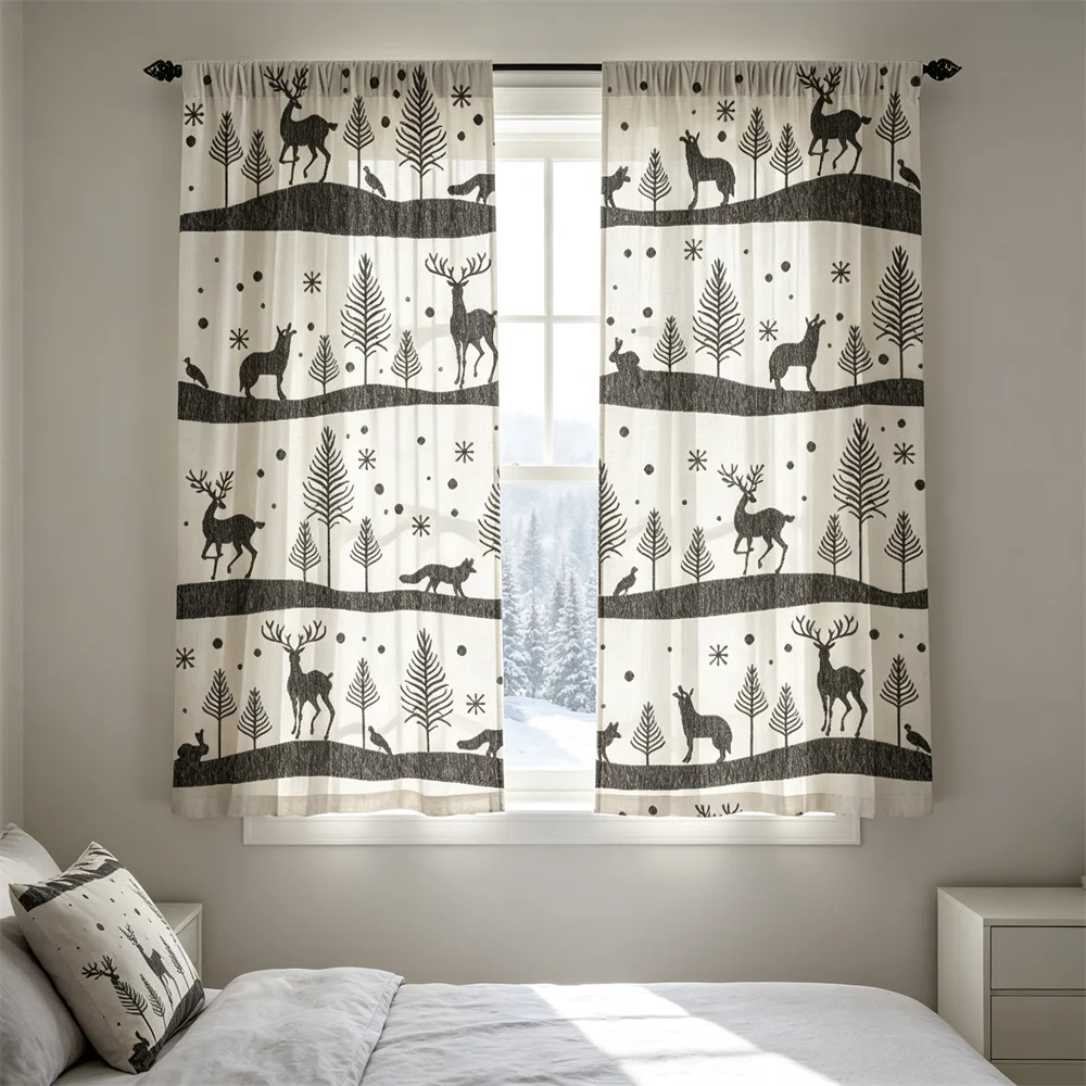 2PCS Line art deer fox pine Print Curtains, Bedroom Window Drapes, Rod Pocket Polyester, Home Decor Holiday Decoration