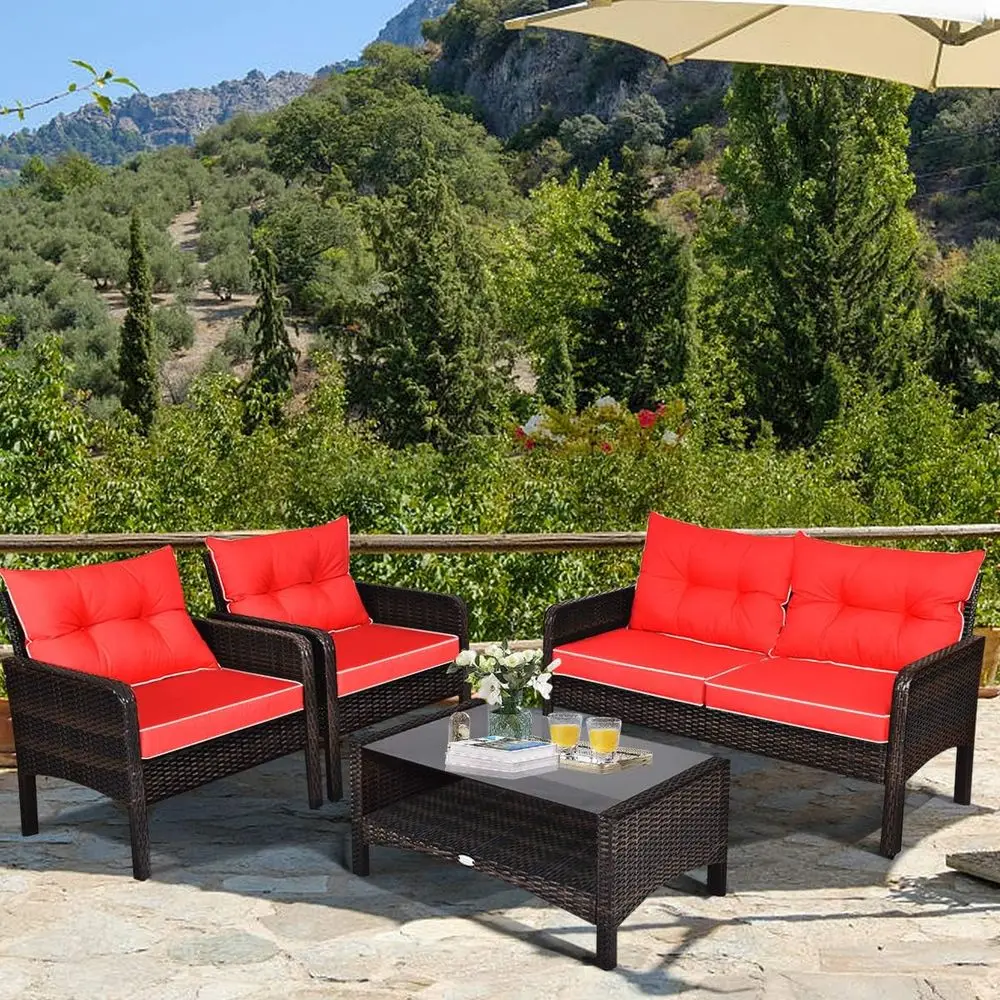 4-Piece Patio urniture Set Outdoor Rattan Wicker Soa Set with Cushions & Coee Table, Contion Soa Set with Tempered Glass Table T