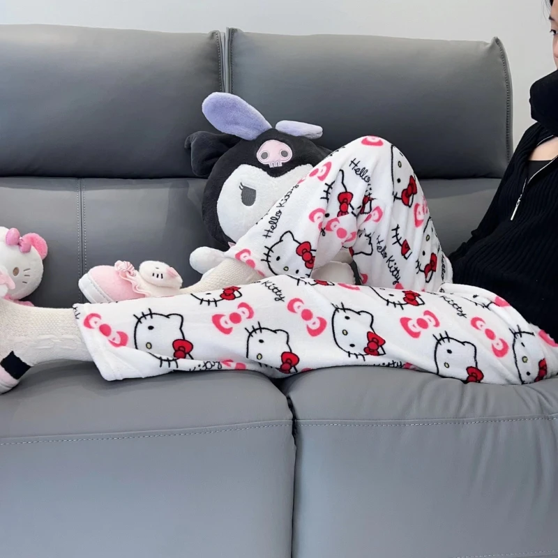 Kawaii Sanrio Hello Kitty Pajamas Pants Y2K Cartoon Black Cute Women Soft Plush Thickening Trousers Clothes Female Casual Pants