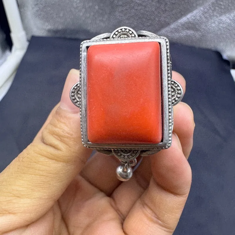 Antique Qing Sterling Silver Adjustable Ring Thumb Ring, Square Bell Cabochon Inlaid Ruby Vintage Collectible Jewelry