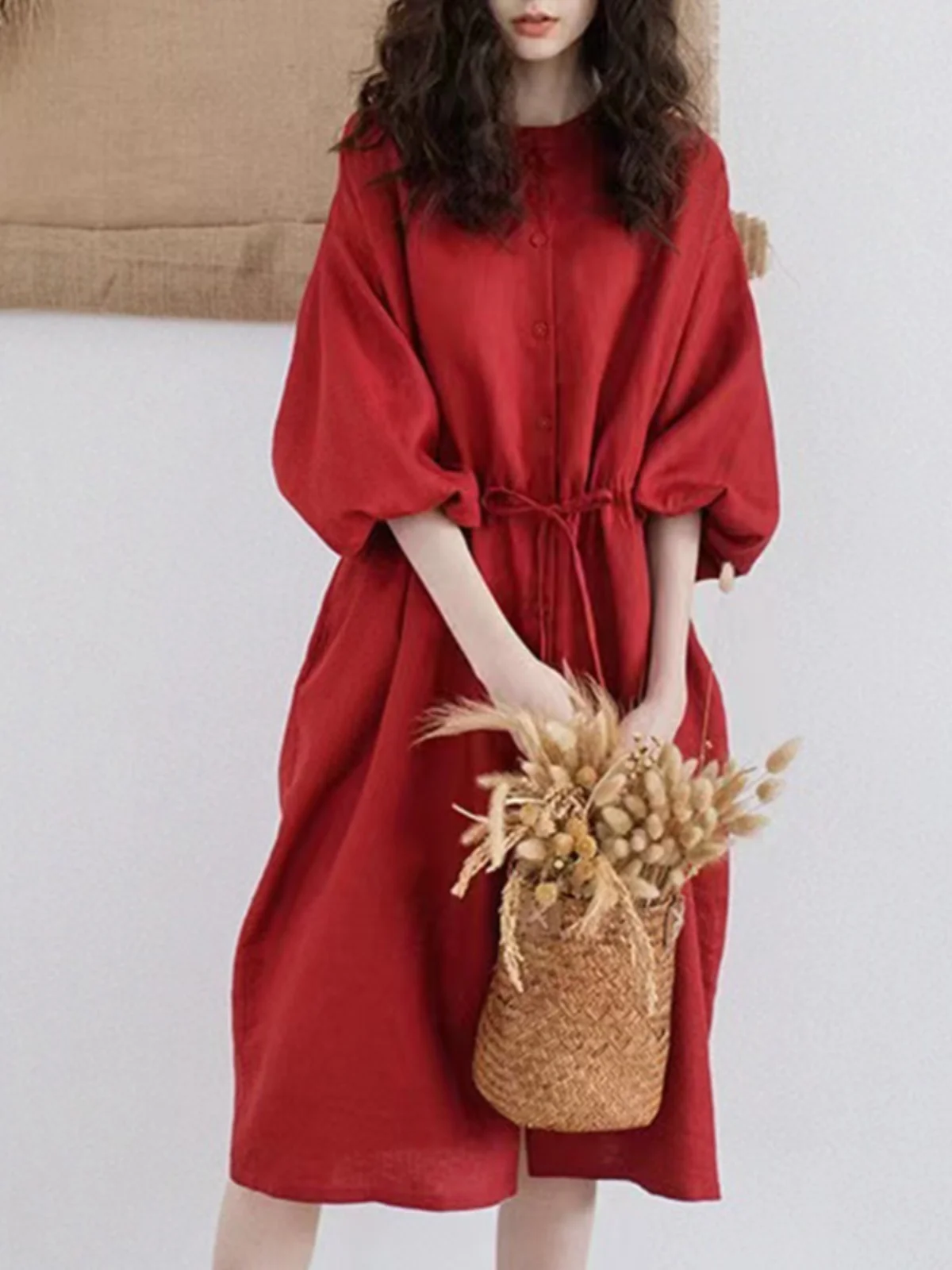 Retro Rosso Sette Quarti Sve Dr Estate da Donna Versatile Vita Allentata Cinching Dimagrante Apertura Completa irt Dr