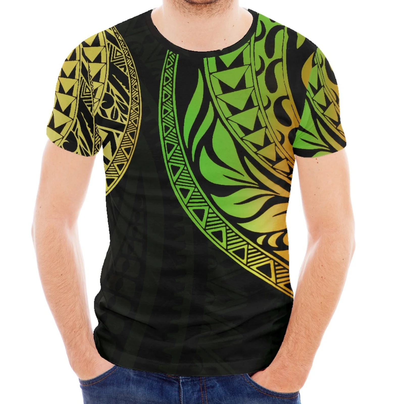 Floral Hibiscus Tattoo Design Printed Polynesian Traditional Tribal Hawaiian Style Fashion Short Sleeve Slim T-Shirt New Style