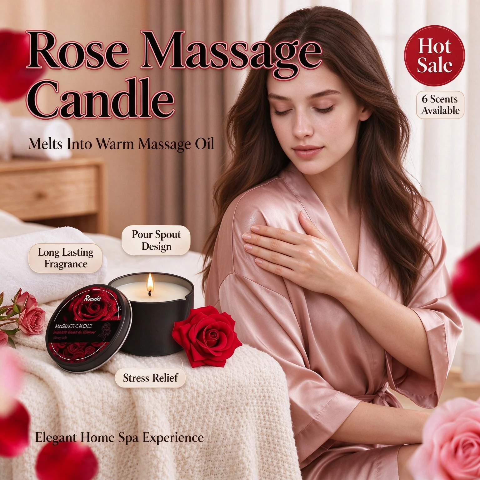 Massage Candle Rose Scented with Pour Spout Melts Into Warm Massage Oil Home Fragrance Decor Stress Relief Aromatherapy Candles