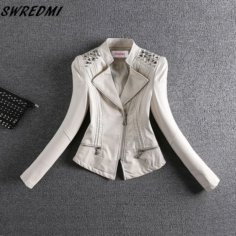 SWREDMI 2024 New Fashion Red Motorcycle Leather Jacket Women Rivet Zippers Biker Leather Coat S-4XL Suede Outerwear