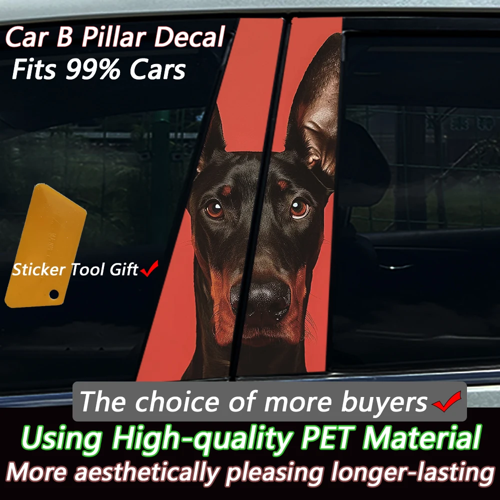 2PCS Doberman Dog Car B Pillar Stickers, Red Background Design, Waterproof Vinyl Window Decals, Scratch Cover Protector