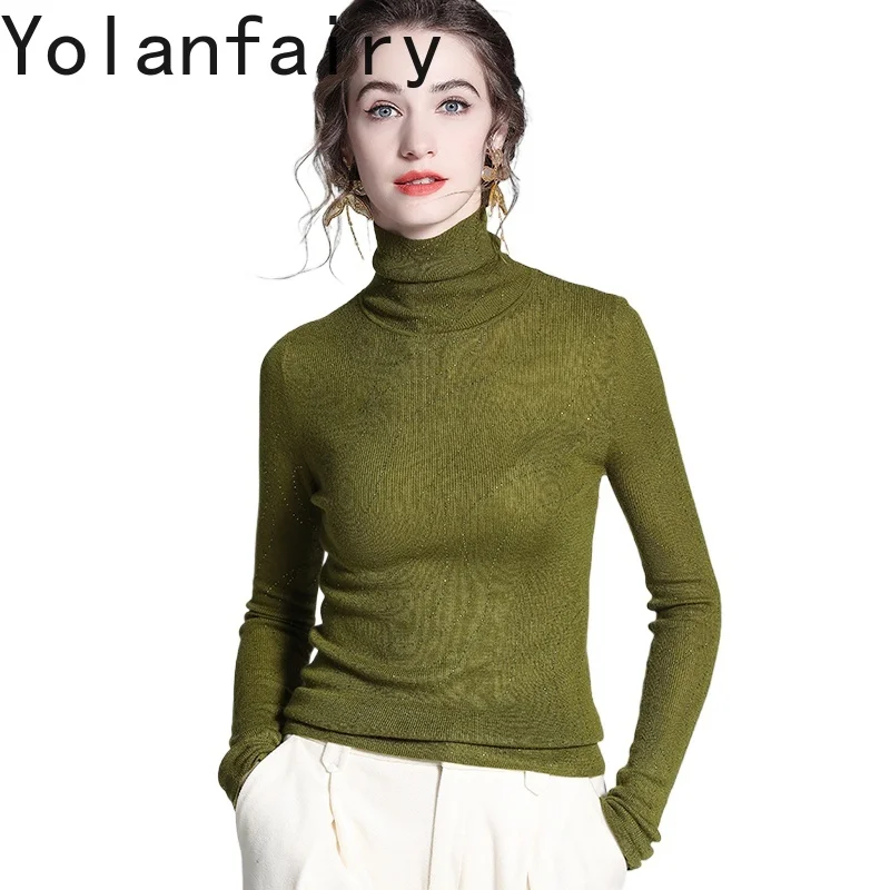 

YOLANFAIRY 25.6% Wool Pullover for Woman High-neck Autumn and Winter 2025 Knitted Sweater Women Base Layer Green Womens Sweaters
