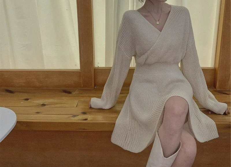 

2025 Sexy Cross Sweater Dress Women's New Style Outerwear Knitted Dress Waist-Cinching Slim Fit
