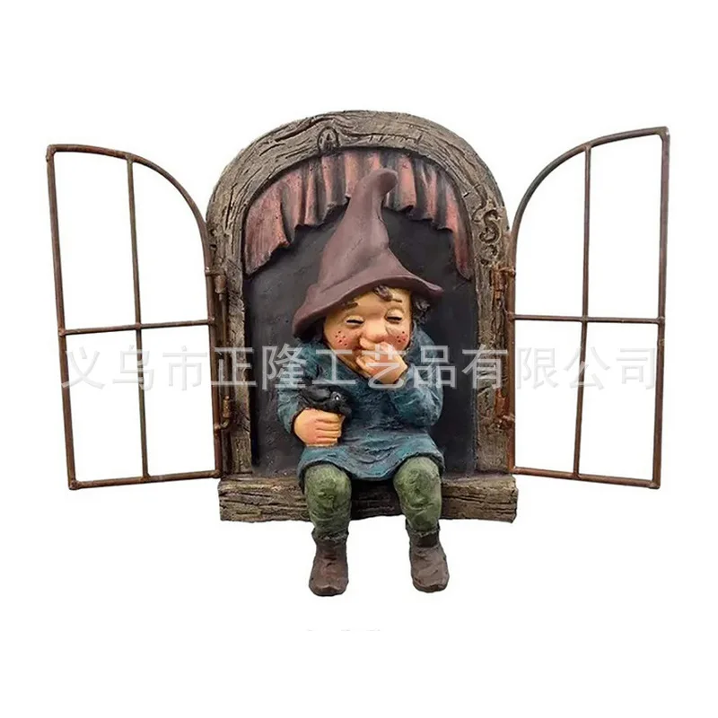 رجل يفتح نافذة الراتنج الحرف قزم قزم النحت زخرفة حديقة جنوم الديكور #3