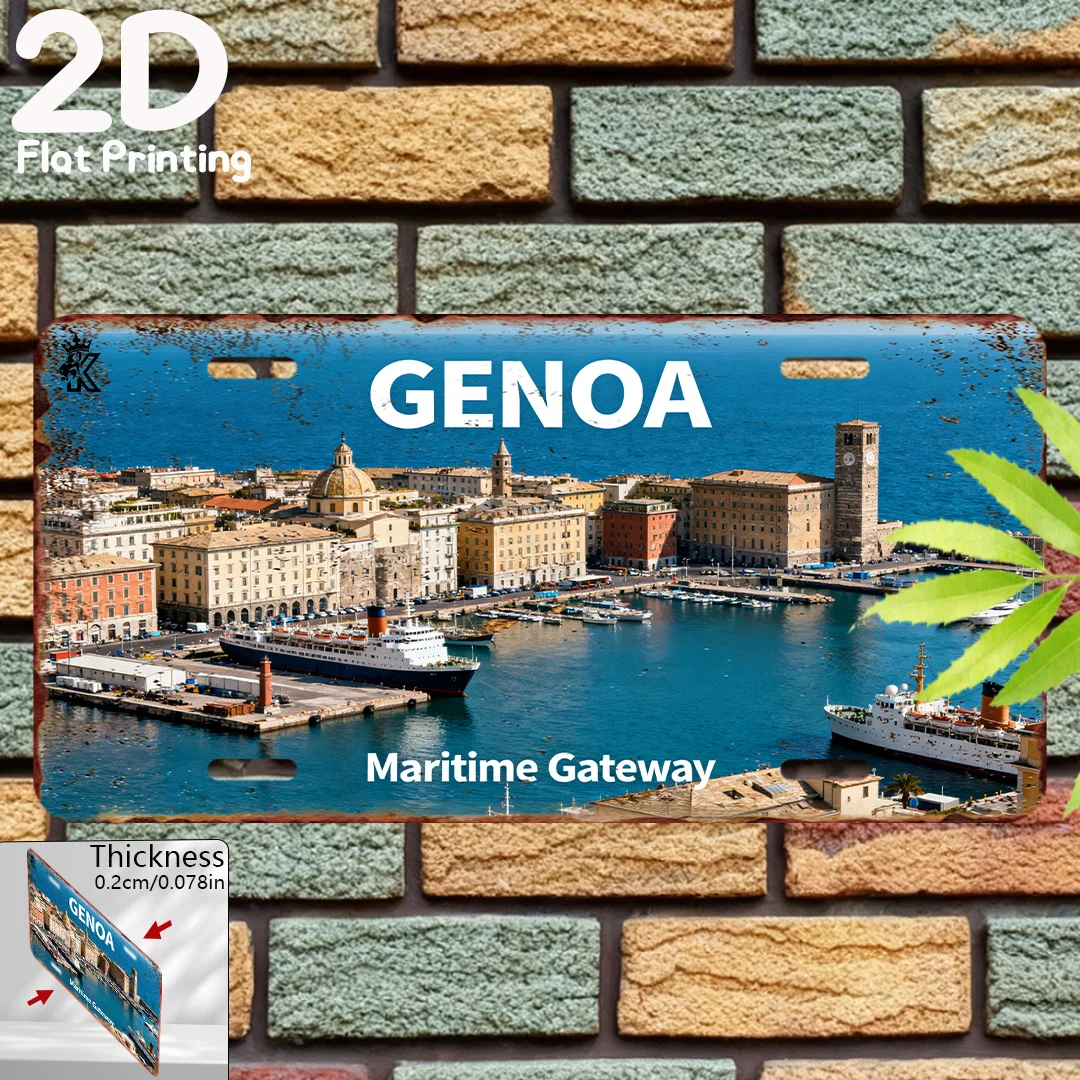 2D Flat - 1pc 2D Flat Printing | Genoa Maritime Gateway Retro Aluminum Decorative Plaque & Statues (15.24cm x 30.48cm) | Coastal