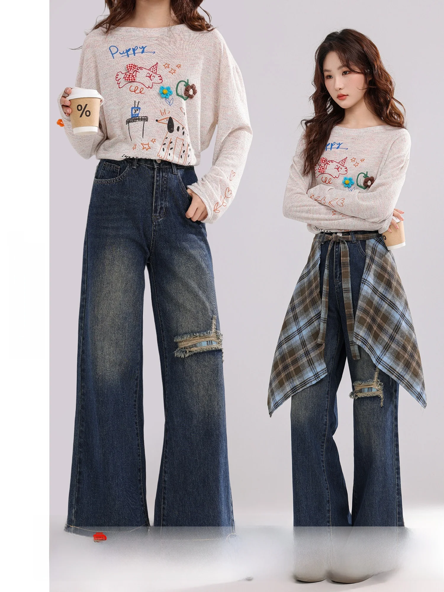 

Джинсы женские Punk Sweetheart Hole Denim, осенняя новинка, ретро-дизайн, широкие брюки, высокая талия, на молнии, хлопок, цветные